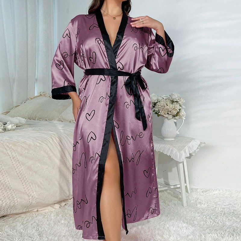 Cross-Border Plus Size Pajamas for Women, Fashionable Casual Loose Printed Pajamas, Long Faux Silk Sexy Nightgown