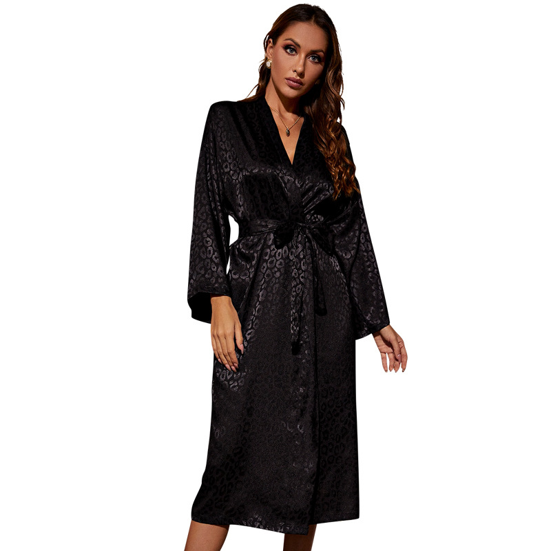 Home Black Long-sleeved Nightgown Thin Sexy Women’s Lace-up Morning Gown Simple Cardigan Pajamas Ice Silk Bathrobe