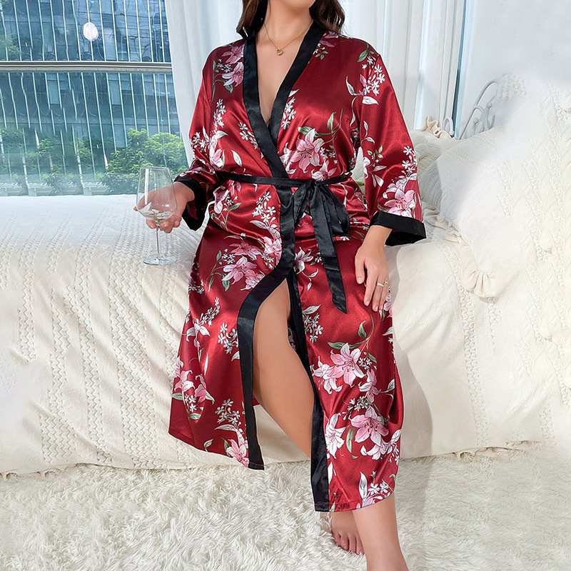 Cross-Border Plus Size Pajamas for Women, Fashionable Casual Loose Printed Pajamas, Long Faux Silk Sexy Nightgown