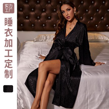 Home Black Long-sleeved Nightgown Thin Sexy Women’s Lace-up Morning Gown Simple Cardigan Pajamas Ice Silk Bathrobe