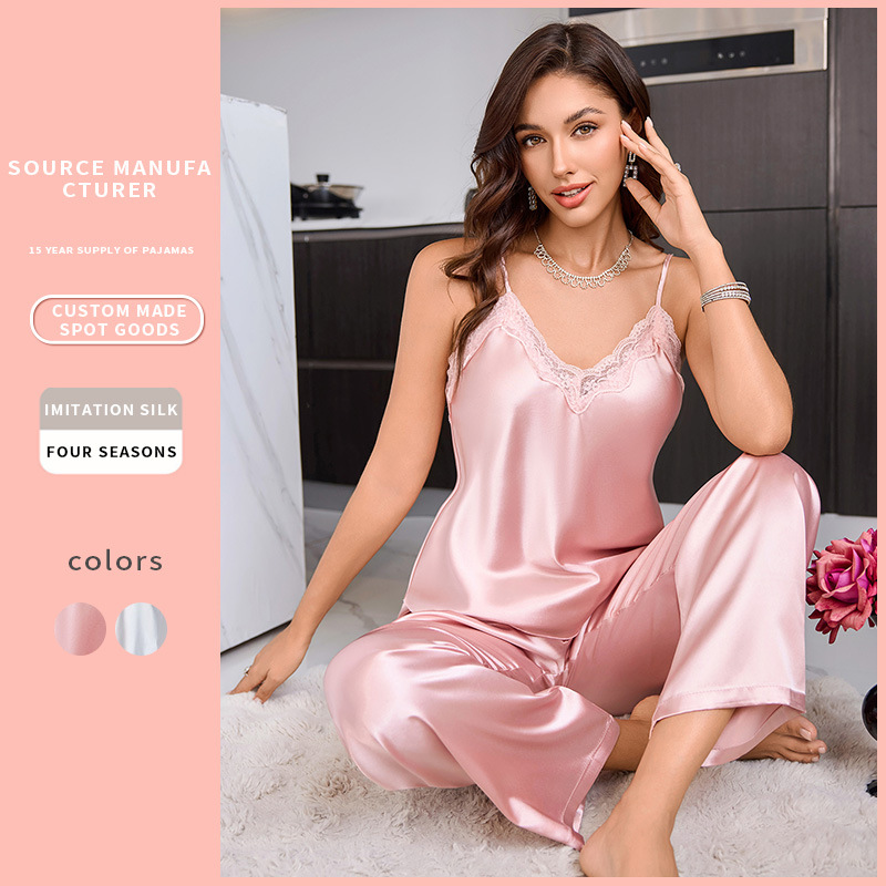 Cross-Border European and American Style Pajama Set, Spring and Summer Camisole and Long Pants Two-Piece Set, Casual Thin Ice Silk Fashion Loungewear