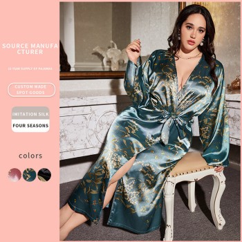 European and American Style Spring and Summer Cross-Border Printed Bathrobe for Women, Sexy and Fashionable Imitation Silk Nightgown, Fashionable and Casual Home Wear