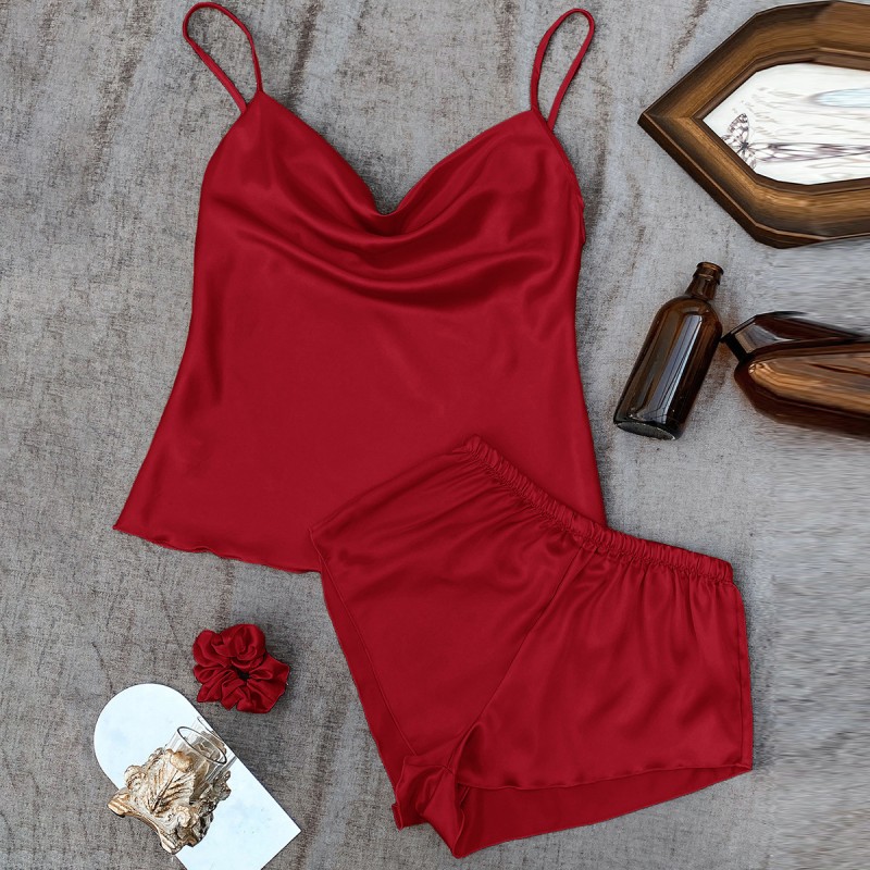 New Solid Color Ice Silk Pajamas for Women, Thin Home Suspender Shorts Set, Sexy and Light Two-Piece Home Clothes