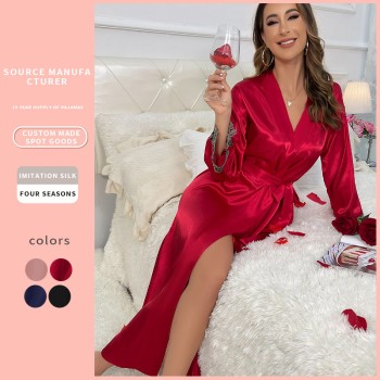 Amazon cross-border new women's bathrobe, sexy nightgown, home wear, casual ice silk pajamas, nightgown wholesale