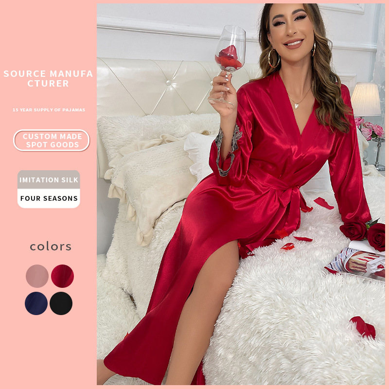 Amazon cross-border new women's bathrobe, sexy nightgown, home wear, casual ice silk pajamas, nightgown wholesale