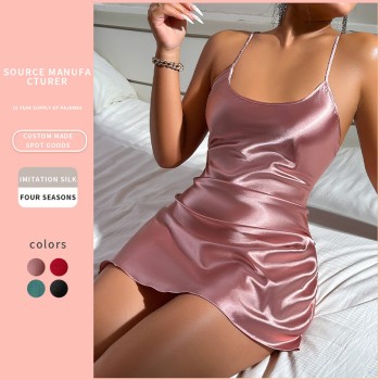 Dannilin Summer New Sexy Backless Ice Silk Slip Skirt Pajamas Short Skirt Home Clothes Women’s Imitation Silk Nightgown