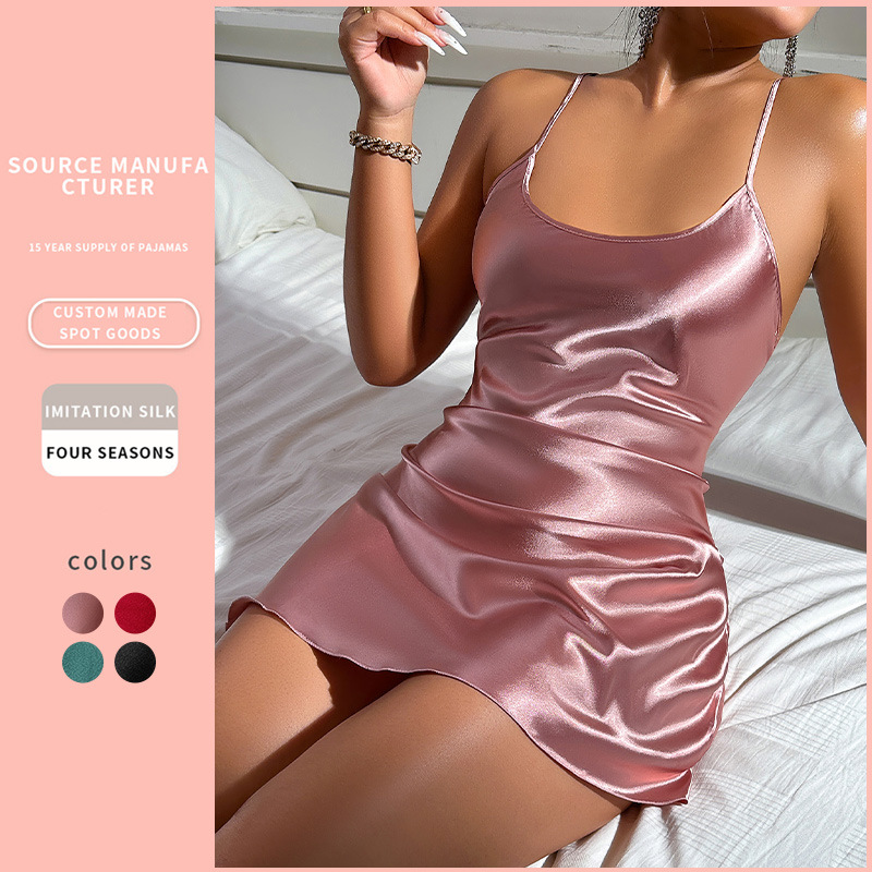 Dannilin Summer New Sexy Backless Ice Silk Slip Skirt Pajamas Short Skirt Home Clothes Women’s Imitation Silk Nightgown