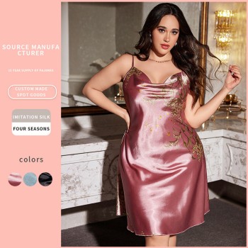 Denny Lin Plus Size Silk Slip Dress Spring and Summer Sexy Printed Simple Pajamas Women’s Home Clothes Pajamas