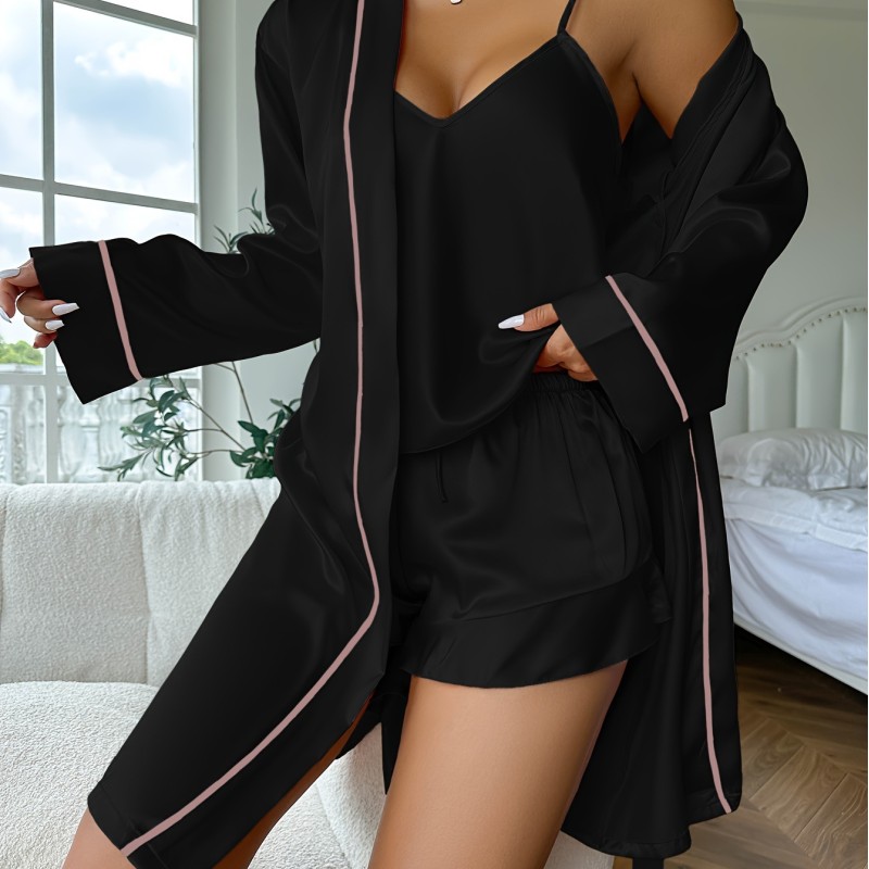 Denilyn Cross-border Ice Silk Pajamas Women’s Sling Shorts Nightgown Three-piece Set Summer Comfortable Outer Wearing Home Clothes