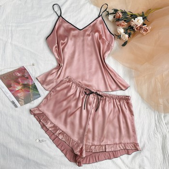 Spring and Summer Sexy Silk-like Women’s Pajamas Large Size Suit V-neck Camisole Sleeveless Shorts Home Clothes Ice Silk