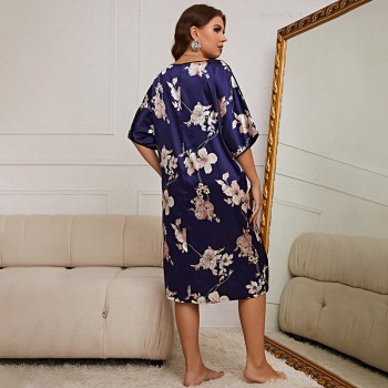 Cross-border Large Size Pajamas Women’s Mid-length Printed Pullover Dress Summer New Home Clothes Silk Ice Silk Nightgown
