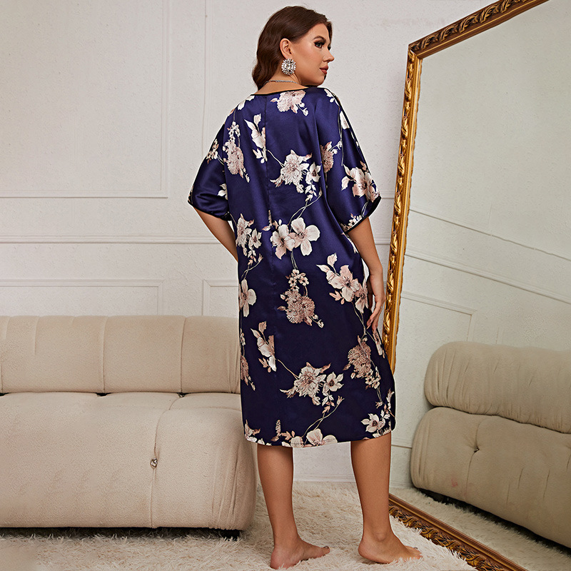 Cross-border Large Size Pajamas Women’s Mid-length Printed Pullover Dress Summer New Home Clothes Silk Ice Silk Nightgown