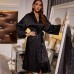 Home Black Long-sleeved Nightgown Thin Sexy Women’s Lace-up Morning Gown Simple Cardigan Pajamas Ice Silk Bathrobe
