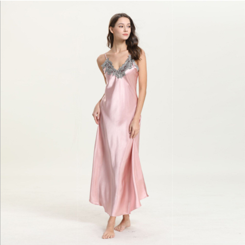 Simulated Silk Pajamas for Women, Lace Sexy V-Neck Long Suspender Nightgown, Pajamas, Home Clothes, Drop Shipping