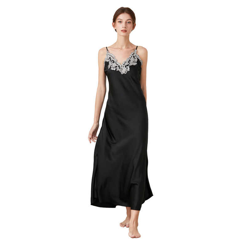 Simulated Silk Pajamas for Women, Lace Sexy V-Neck Long Suspender Nightgown, Pajamas, Home Clothes, Drop Shipping