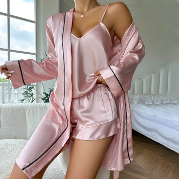 Denilyn Cross-border Ice Silk Pajamas Women’s Sling Shorts Nightgown Three-piece Set Summer Comfortable Outer Wearing Home Clothes