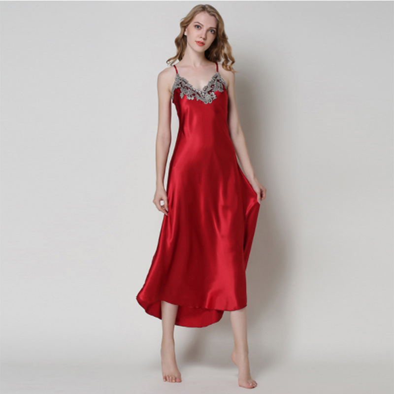 Simulated Silk Pajamas for Women, Lace Sexy V-Neck Long Suspender Nightgown, Pajamas, Home Clothes, Drop Shipping