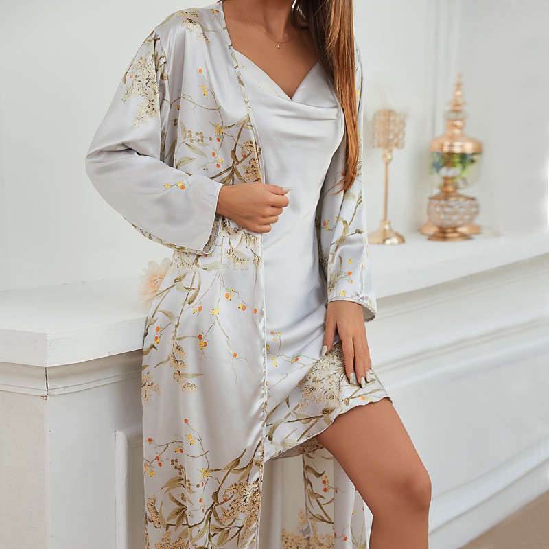 Simple Women’s Four Seasons Home Clothes Lace-Up Nightgown Nightgown Two-Piece Set Thin Outer Wear Mid-Length Pajamas Set