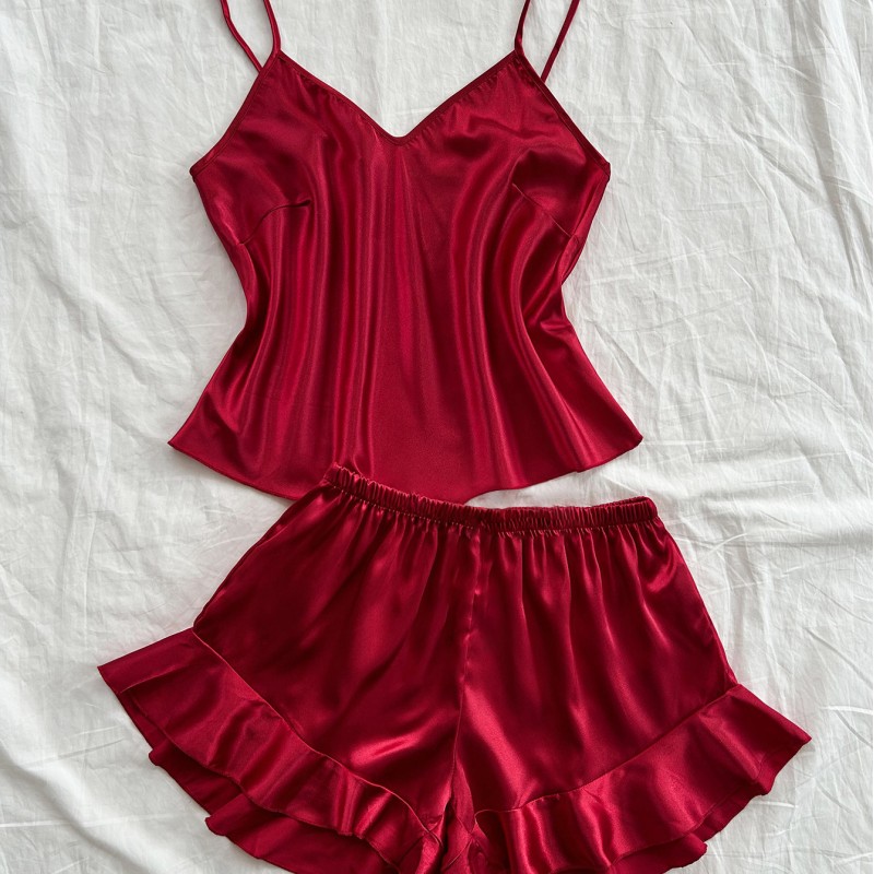 Dannilin Ice Silk Pajamas Women’s Sexy Sling Shorts Two-Piece Set Home Clothes Summer Silk Nightgown