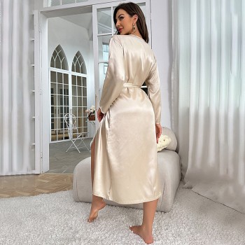 Dannilin Summer Sexy Silk Nightgown Women’s Long-sleeved Long Lace-up Bathrobe Morning Gown Fashionable Casual Home Clothes