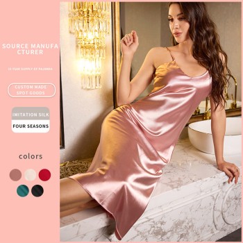 Denilyn Nightdress Women’s Summer Ice Silk Simple Sexy Silk Sling Pajamas Fashionable Breathable Home Clothes
