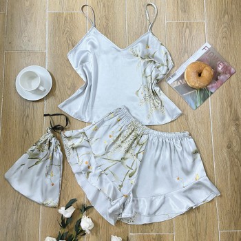 Danny Linchun Summer Silk Pajamas Two-Piece Set Fashion Printed Shorts Home Clothes suit Sexy Slip Skirt