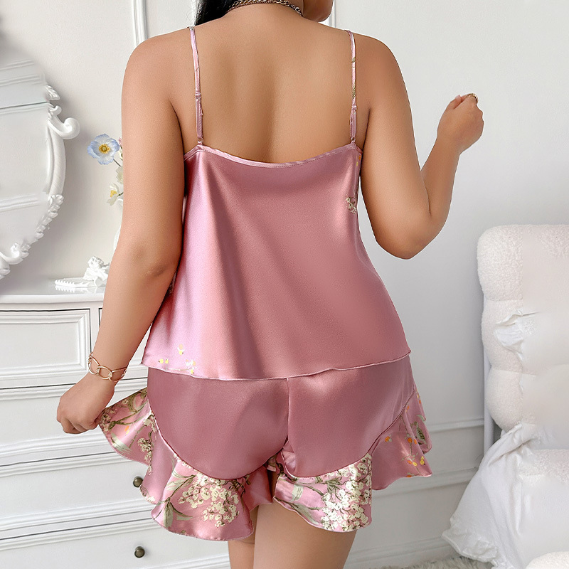 European and American Style plus size Printed Pajamas Fashion Casual Ice Silk Pajamas Home Clothes Silk Sling Home Clothes Women