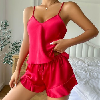 Dannilin Ice Silk Pajamas Women’s Sexy Sling Shorts Two-Piece Set Home Clothes Summer Silk Nightgown