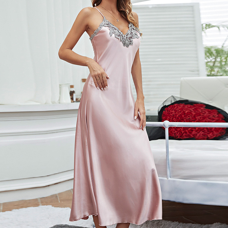 Summer comfortable imitation silk nightgown, women's sexy suspender nightgown, ice silk nightgown, long skirt, home clothing wholesale