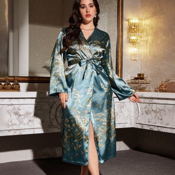 European and American Style Spring and Summer Cross-Border Printed Bathrobe for Women, Sexy and Fashionable Imitation Silk Nightgown, Fashionable and Casual Home Wear