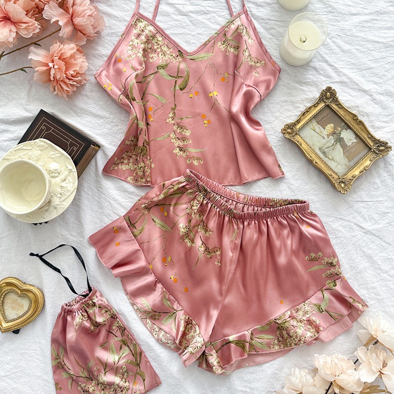 Danny Linchun Summer Silk Pajamas Two-Piece Set Fashion Printed Shorts Home Clothes suit Sexy Slip Skirt