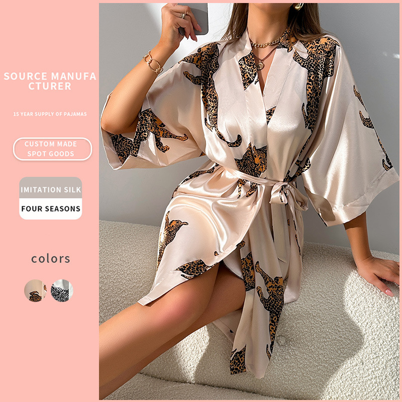 Denilin Cross-border Sexy Casual Home Clothes Simple Fashion Cardigan Lace-up Bathrobe Women’s Silk Nightgown Pajamas