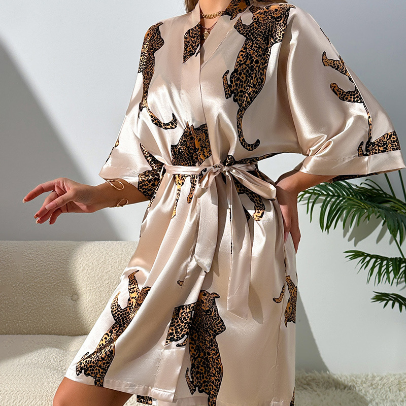 Denilin Cross-border Sexy Casual Home Clothes Simple Fashion Cardigan Lace-up Bathrobe Women’s Silk Nightgown Pajamas