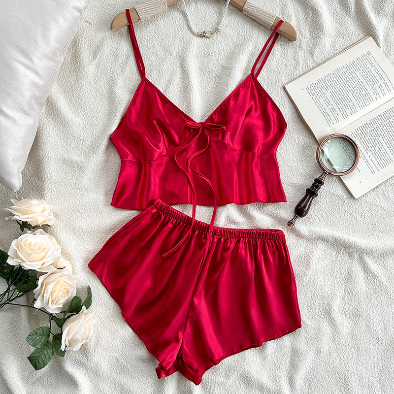 European and American Style Cross-Border New Imitation Silk Lingerie, Sexy Loungewear, Ice Silk Pajamas, Women’s Camisole, Belly Wrap, Shorts Set
