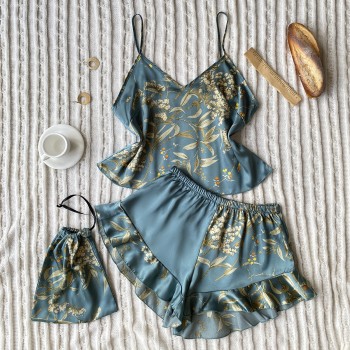 Danny Linchun Summer Silk Pajamas Two-Piece Set Fashion Printed Shorts Home Clothes suit Sexy Slip Skirt