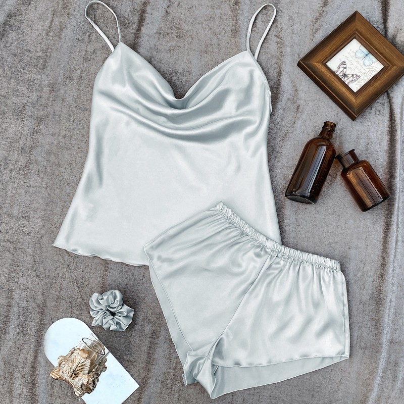 New Solid Color Ice Silk Pajamas for Women, Thin Home Suspender Shorts Set, Sexy and Light Two-Piece Home Clothes